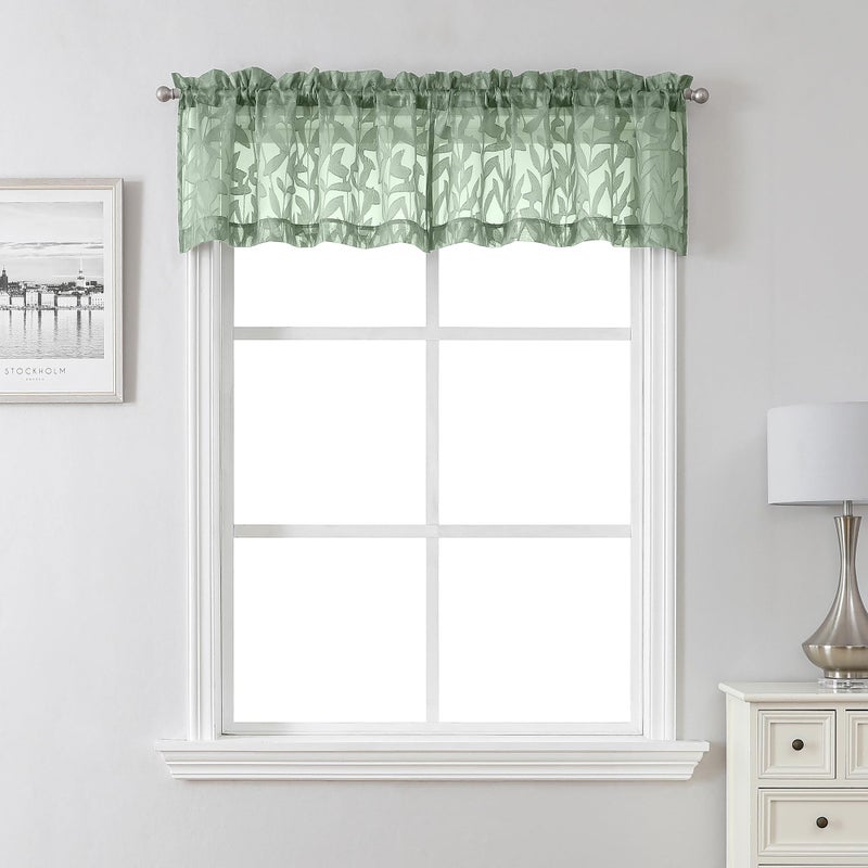 Lecloud Leia Sage Green Sheer Valances for Windows 14 Inch Length 2 Pcs, Jacquard Leaf Textured Cafe Kitchen Short Curtains with Dual Rod Pockets, Small Curtain for Living Room Bedroom, 30" W x 14" L - Image 1