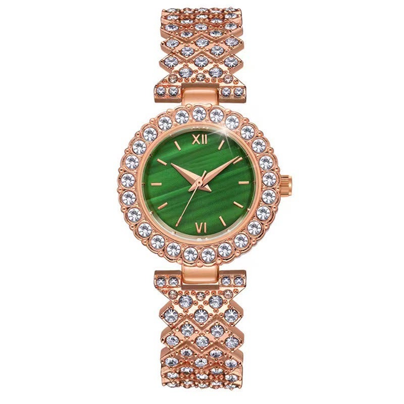 Elegant Womens Diamond Quartz Watch Bracelet Rose golden green face 