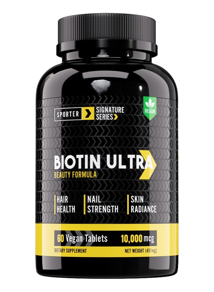 SPORTER Biotin Ultra, 60 Tablets – 10,000mcg Biotin for Hair, Skin & Nail Support, Promotes Radiant Skin & Healthy Hair Growth - Image 1