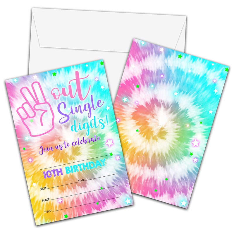 Out Single Digits Birthday Invitations with Envelopes Hippy Tie Dye 10th Birthday Party Invitation Card for Girls Boys Im 10 Years Fillin Invites Cards Kids Party Celebration 20 Pack15