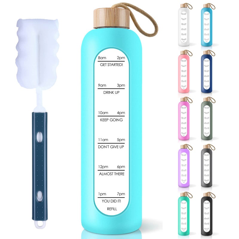PROBTTL 32 Oz Borosilicate Glass Water Bottle with Time Marker Reminder Quotes  Leak Proof Reusable BPA Free Motivational Water Bottles with Silicone Sleeve and Bamboo Lid
