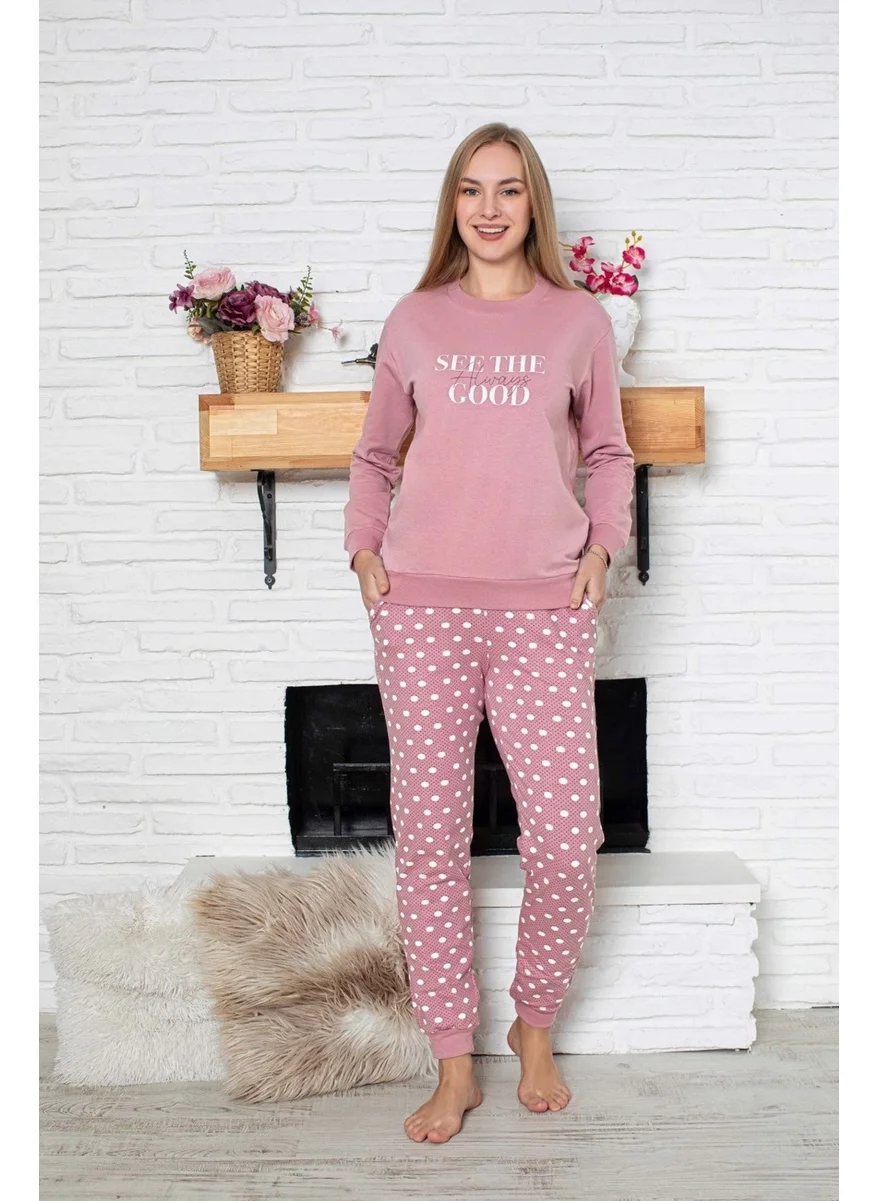 Bie'S Women's Crew Neck Wrist Cuff/Elastic 2 Yarn Pocket Winter Jogger Tracksuit Pajama Set Homewear