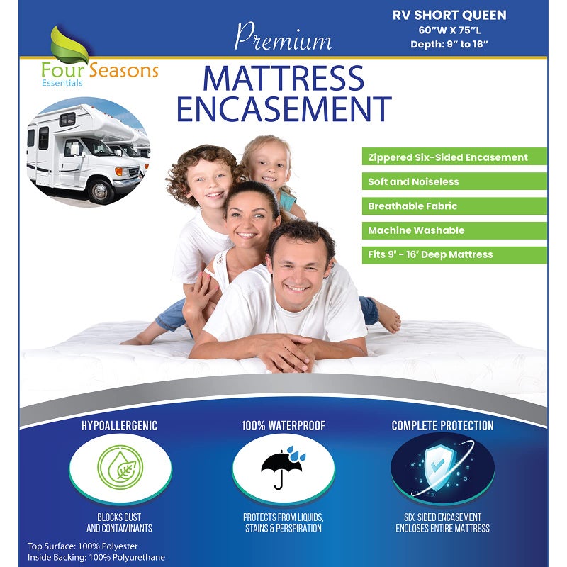Four Seasons Essenti RV Short Queen Mattress Protector (60"" Wx75 L) Waterproof Zippered Encasement Hypoallergenic Premium Bed Cover Protects Against Dust Allergies - Image 1