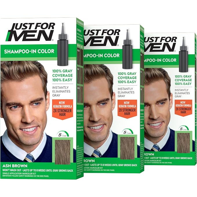 Just For Men Shampoo-In Color (Formerly Original Formula), Mens Hair Color with Keratin and Vitamin E for Stronger Hair Ash Brown, H-20, Pack of 3 - Image 1