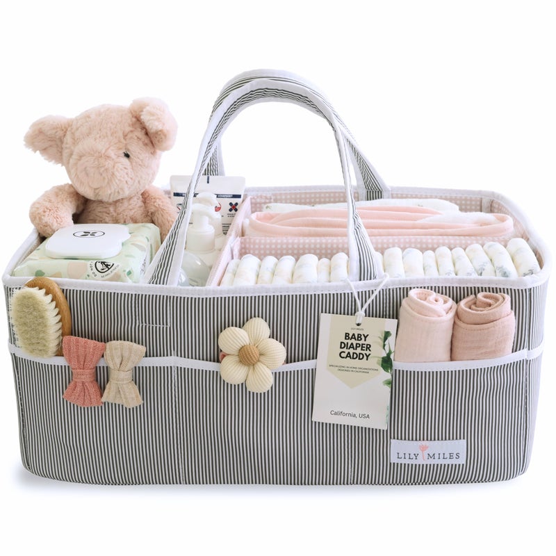 Lily Miles Lily Miles Baby Diaper Caddy Organizer Tote Bag for Baby Girl Essentials Baby Shower Basket Nursery Must Haves Registry Favorites Newborn Caddie Car Travel GrayBlush Extra Large 