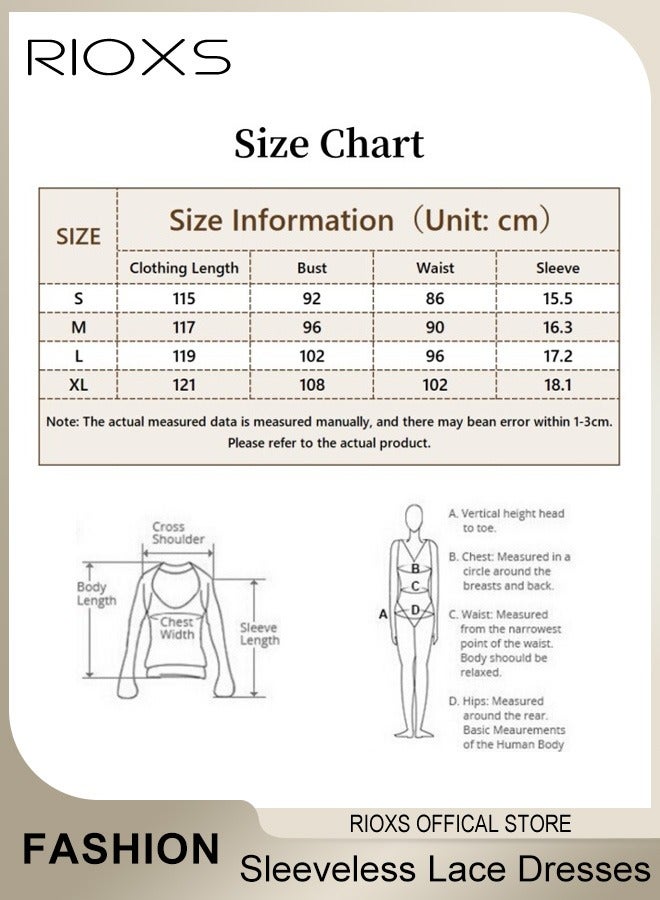 RIOXS Women's Elegant Sleeveless Dresses Lace Dress Lapel Button Down Dresses High Waist Lace-Up Dress Ruffle Long Skirt Fashion Patchwork Lace Dresses  - Image 4