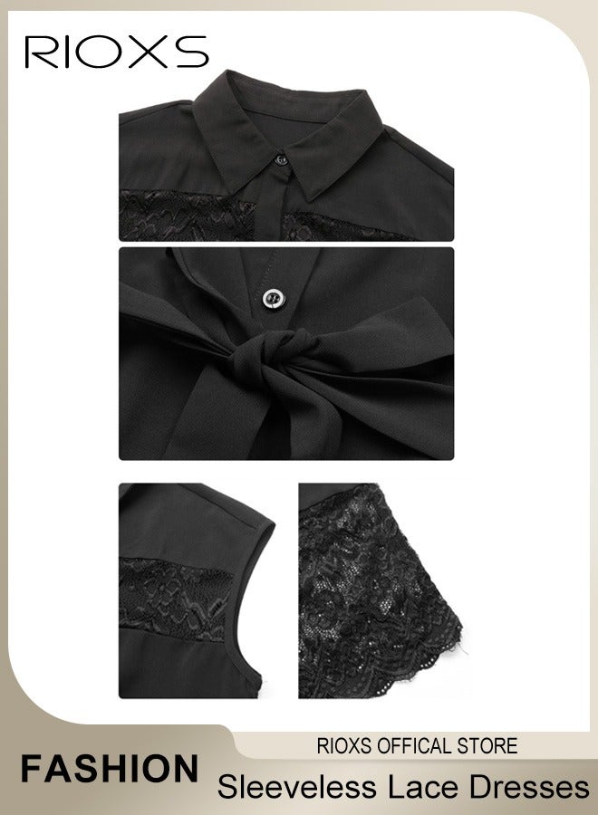 RIOXS Women's Elegant Sleeveless Dresses Lace Dress Lapel Button Down Dresses High Waist Lace-Up Dress Ruffle Long Skirt Fashion Patchwork Lace Dresses  - Image 5
