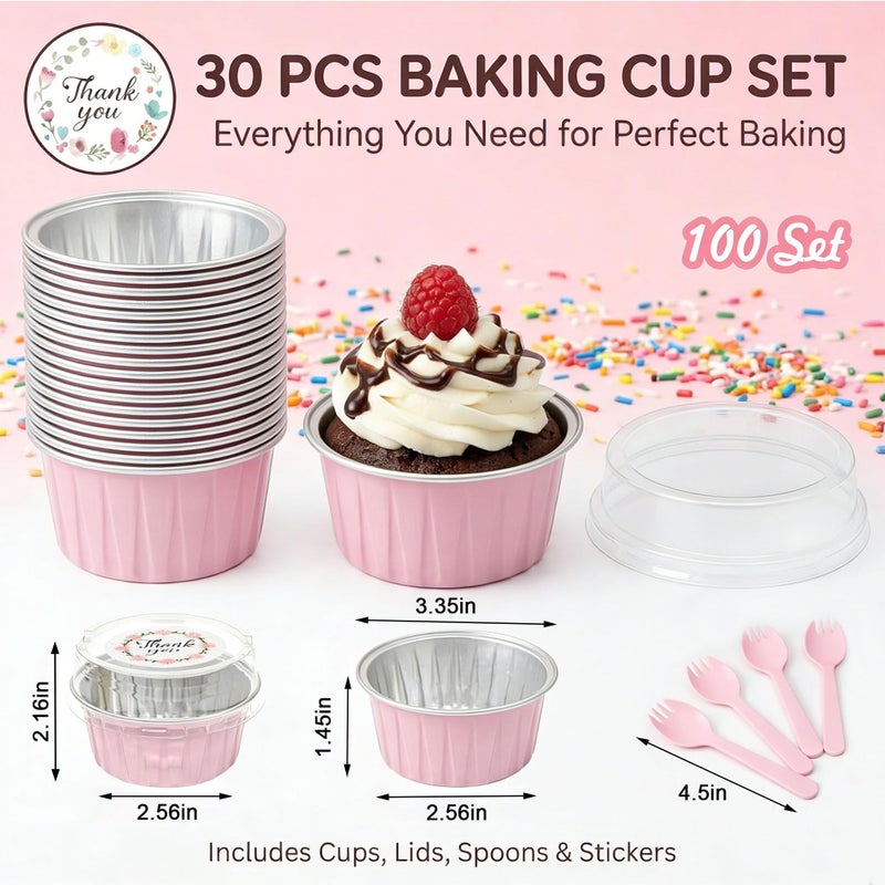 QZV 100 PCS Aluminium Foil Baking Cups, Mini Cake Pans with Lids and 100 PCS Spoons, 5 oz Disposable Baking Cups Foil Ramekins For Party Birthday Wedding Valentines (Pink) - Image 2