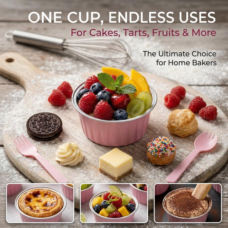 QZV 100 PCS Aluminium Foil Baking Cups, Mini Cake Pans with Lids and 100 PCS Spoons, 5 oz Disposable Baking Cups Foil Ramekins For Party Birthday Wedding Valentines (Pink) - Image 4