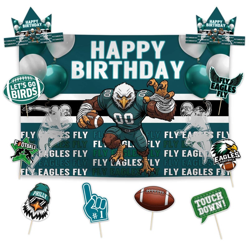 Allenjoy Bird American Football Team Birthday Party Supplies Sets - 1pc 59" x 35" Backdrop, 2pcs Paper Headwear, 8pcs Photo Booth Props - Image 1