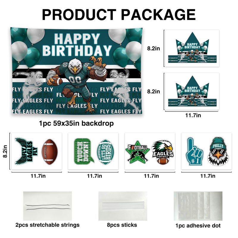 Allenjoy Bird American Football Team Birthday Party Supplies Sets - 1pc 59" x 35" Backdrop, 2pcs Paper Headwear, 8pcs Photo Booth Props - Image 2