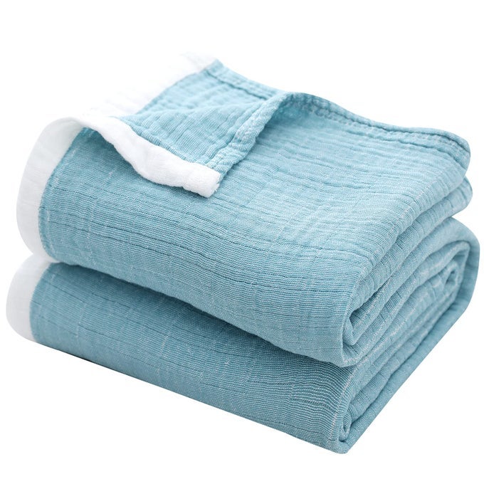 COTTON MUSLIN BLANKETS 4LAYER BLUE BLANKETS FOR BED COUCHTHERMAL BLANKET FOR ADULTS LIGHTWEIGHT SOFT BREATHABLE THROW BLANKET FOR ALL SEASON GAUZE KING SIZE BLANKET90X 102LIGHT BLUE
