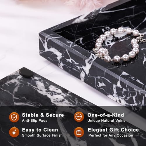 Homaura Marble Bathroom Tray for Countertop & Home Decor, Natural Decorative Marble Tray for Jewelry & Perfume Organizer, Luxury Stone Vanity Trays for Dresser, Kitchen Counter, 12" x 8", Black - Image 2