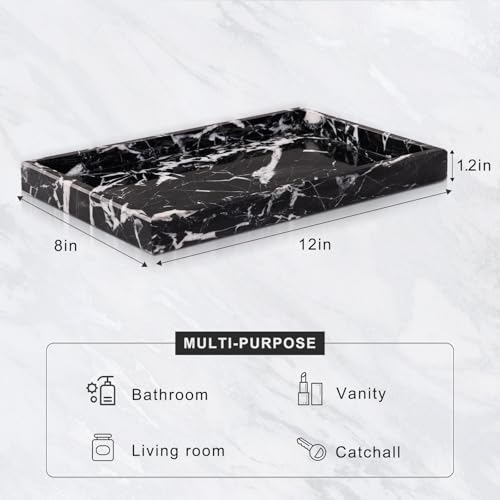 Homaura Marble Bathroom Tray for Countertop & Home Decor, Natural Decorative Marble Tray for Jewelry & Perfume Organizer, Luxury Stone Vanity Trays for Dresser, Kitchen Counter, 12" x 8", Black - Image 3