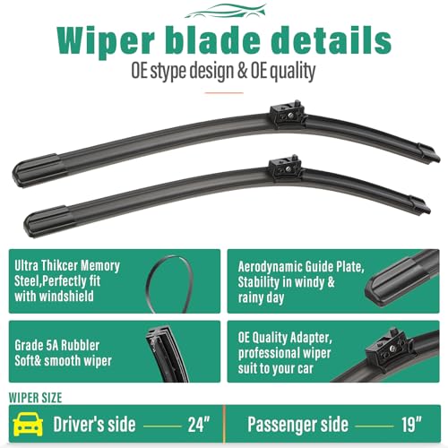 WINDSMILE 24" + 19" Windshield Wiper Blades for Mercedes-Benz CLA250 GLA250 A220 CLA35 CLA45 GLA45 AMG W177 2022 2021 2020 2019 2018 2017 2016-OEM Replacement Premium All Season Wiper Blades - Image 3