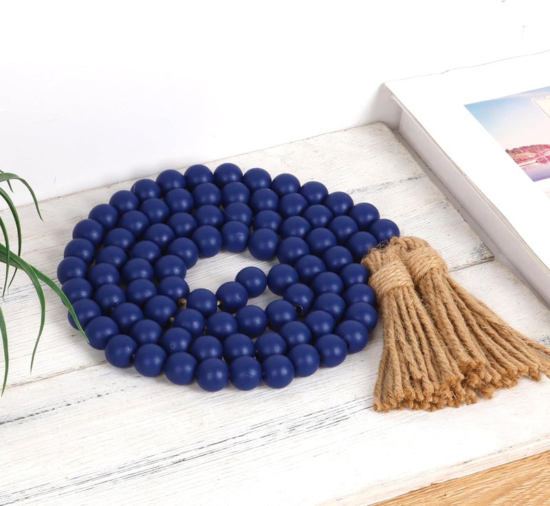 RAMIRABI 58in Wood Bead Garland with Tassels, Farmhouse Rustic Country Decor Prayer Boho Wall Hanging Decoration (Navy Blue) - Image 2