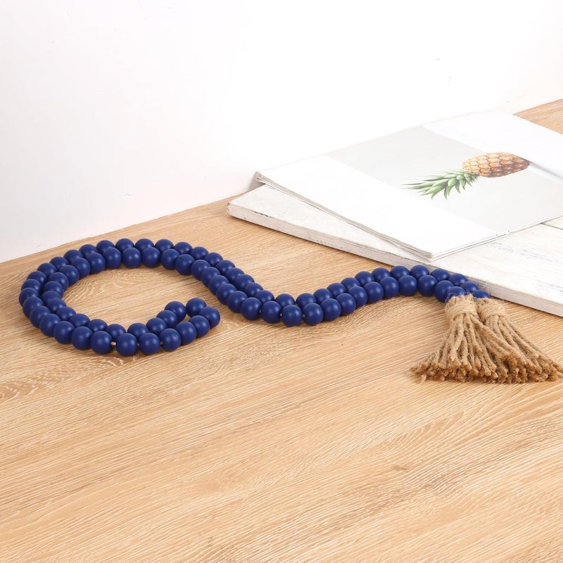 RAMIRABI 58in Wood Bead Garland with Tassels, Farmhouse Rustic Country Decor Prayer Boho Wall Hanging Decoration (Navy Blue) - Image 3