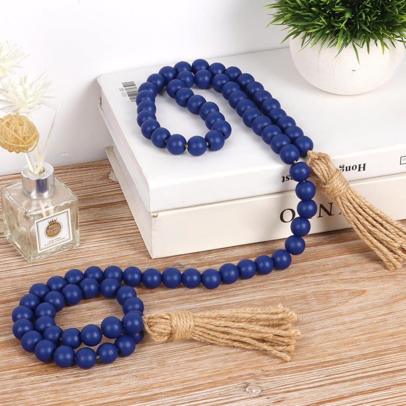 RAMIRABI 58in Wood Bead Garland with Tassels, Farmhouse Rustic Country Decor Prayer Boho Wall Hanging Decoration (Navy Blue) - Image 4