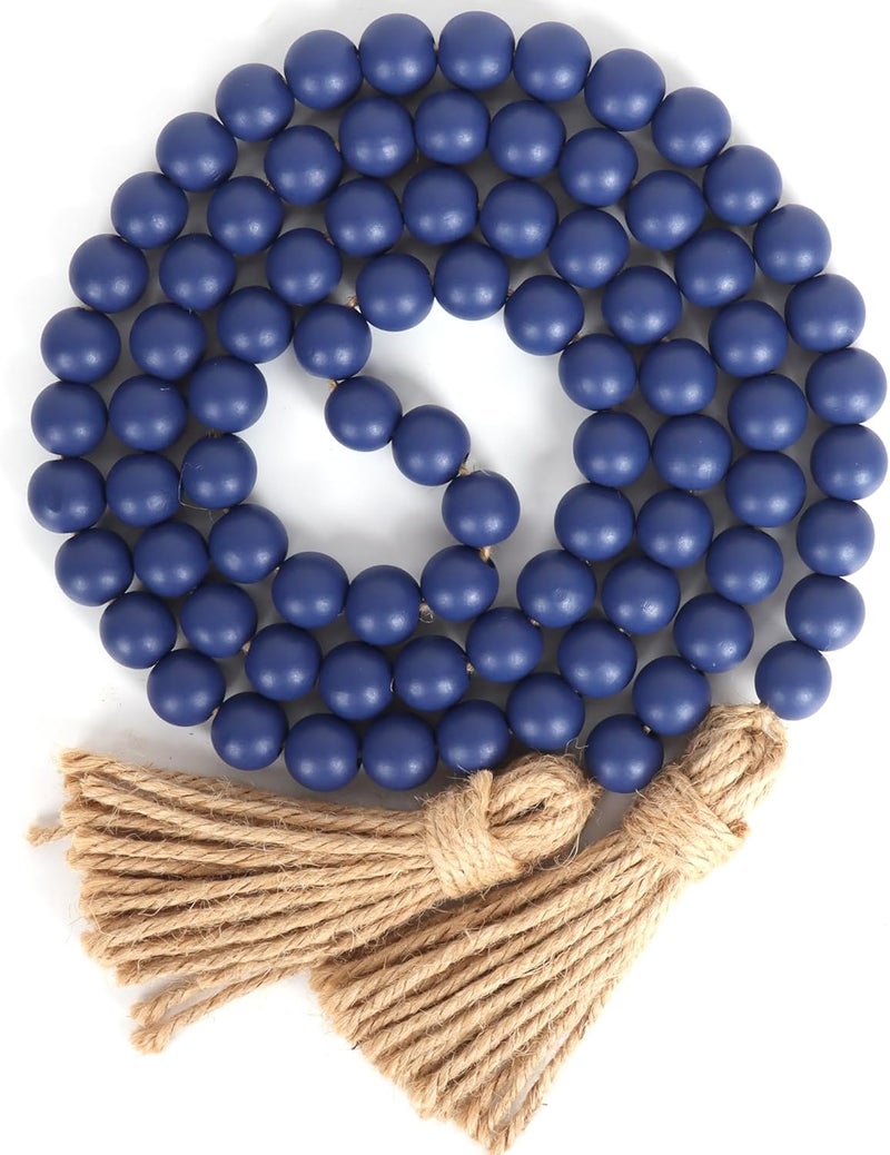 RAMIRABI 58in Wood Bead Garland with Tassels, Farmhouse Rustic Country Decor Prayer Boho Wall Hanging Decoration (Navy Blue) - Image 1