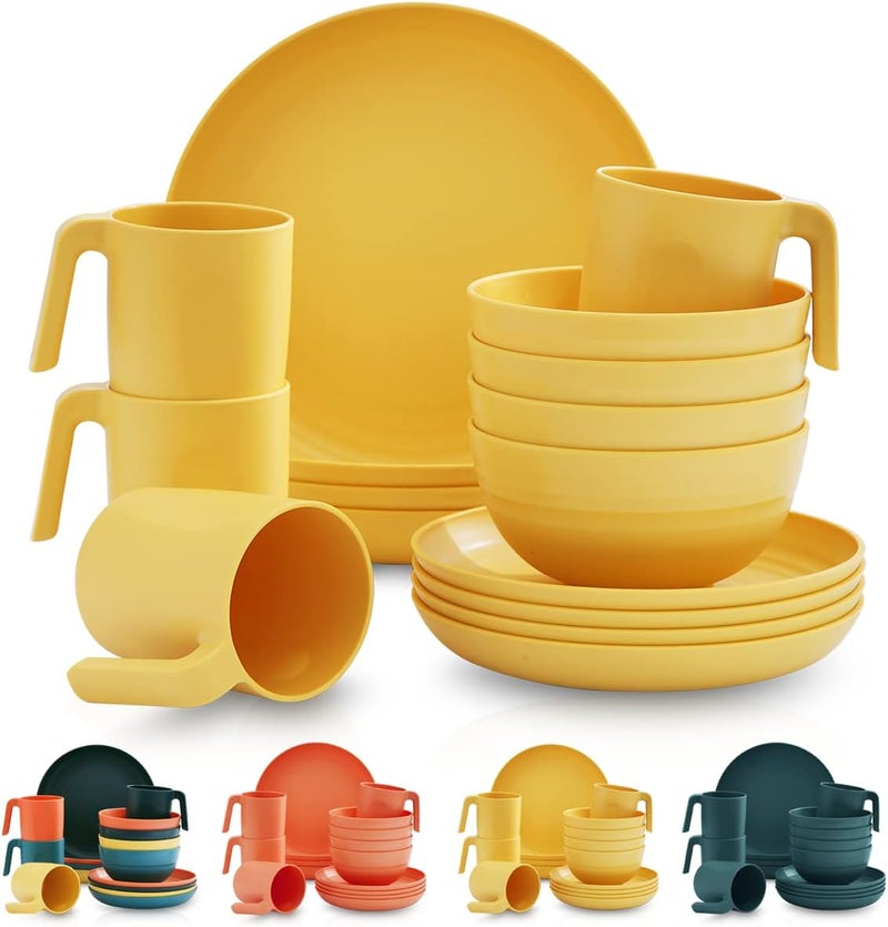 Kyraton Plastic Dinnerware Set of 16 Pieces, Unbreakable And Reusable Light Weight Plates Mugs Bowls Dishes Easy to Carry And Clean Microwave Safe BPA Free Dishwasher Safe Service For 4 (Gold Yellow) - Image 1