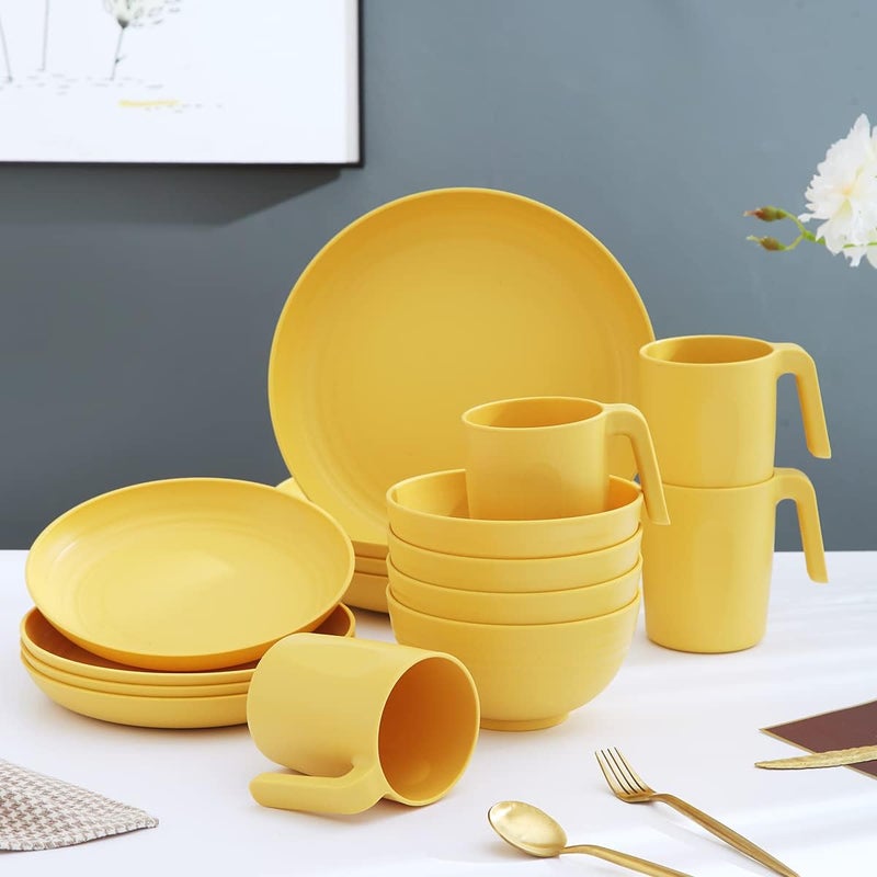 Kyraton Plastic Dinnerware Set of 16 Pieces, Unbreakable And Reusable Light Weight Plates Mugs Bowls Dishes Easy to Carry And Clean Microwave Safe BPA Free Dishwasher Safe Service For 4 (Gold Yellow) - Image 3