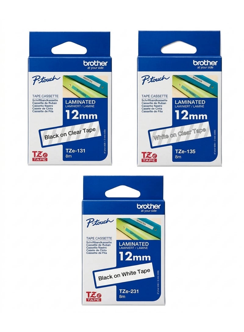 بروذر Brother TZe Labeling Tape 12mm, 8m – TZe-131, TZe-135 & TZe-231 – Black on Clear, White on Clear & Black on White, Laminated Label Tape for P-Touch Printers - Image 1