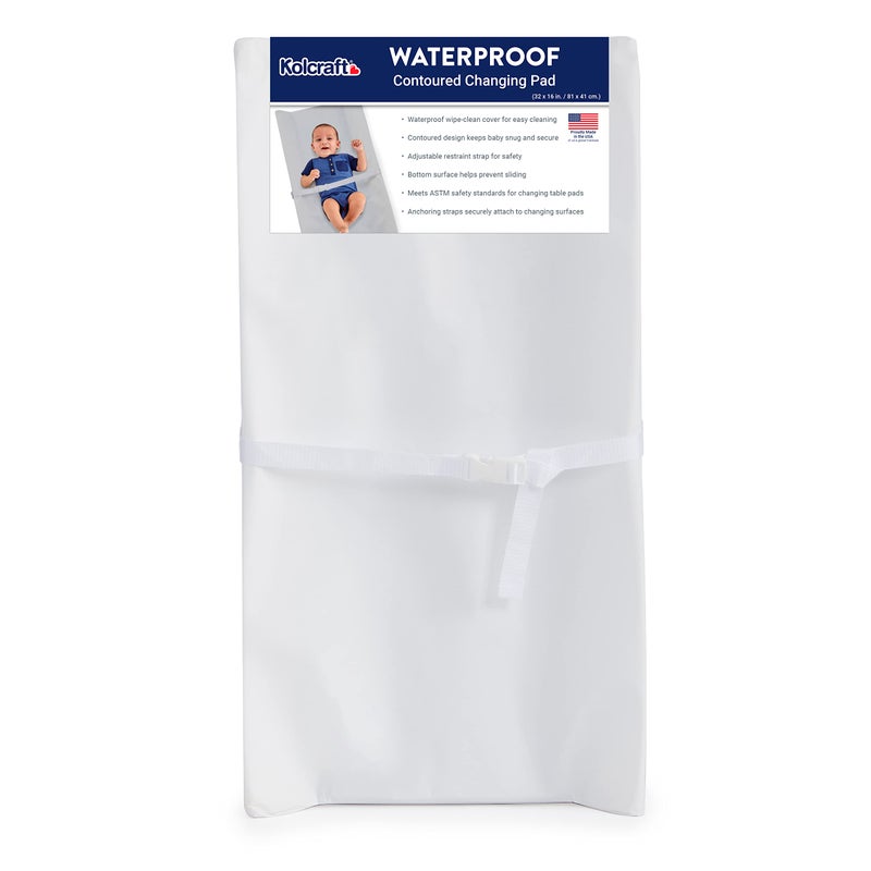 Kolcraft Kolcraft Waterproof Contoured Wipeable Baby Diaper Changing Pad for Dresser or Table Durable Easy Clean Surface Soybean Enhanced Foam Safety Restraint Belt Straps Made in USA White 16 x 32 