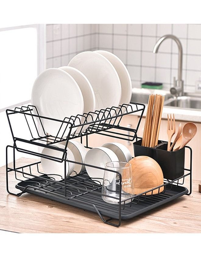 NKX 2 Layer Tier Kitchen Over The Sink Accessories Dish Organizer Storage Rack Plate Holder With Drip Tray  - Image 2