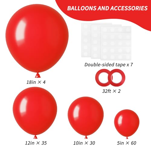 RUBFAC 129pcs Red Balloons Different Sizes 18 12 10 5 Inch for Garland Arch, Premium Latex Balloons Red Birthday Decorations Wedding Valentine's Day Baby Shower Party Decor - Image 2