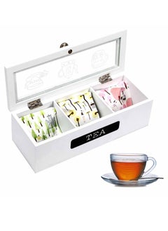 Tea Bag Organizer, White Wood 3 Compartment Tea Bag Organizer for Kitchen Pantry Cabinet, Countertop, Tea Storage Box Station Bin Caddy Holds Beverage Bags and Display Tea Bags