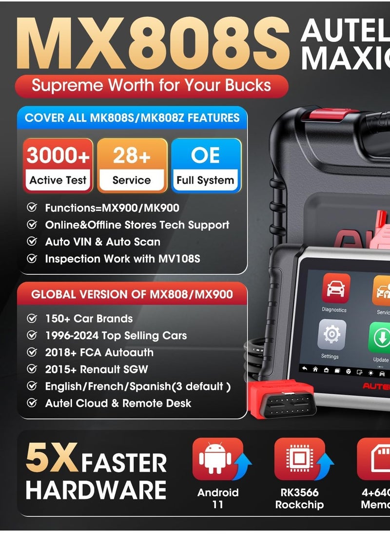 Autel - Autel Scanner MaxiCheck MX808S, 2024 US Ver of MaxiCOM MK808S/ MK808Z, Functions as MK900/ MX900, Full Bidirectional as MK900BT MK808BT PRO, 3K+ Active Test, 28+ Service, OE All System, OS 11, FCA SGW - Image 1