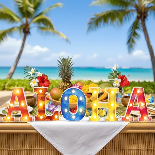 Grinsvalley Hawaiian Luau Party Decorations Aloha Light up Sign Summer Aloha LED Marquee Letter for Party Decorations Hibiscus Tropical Alphabet Letter Summer LED Lights for Wedding Night Birthday - Image 3