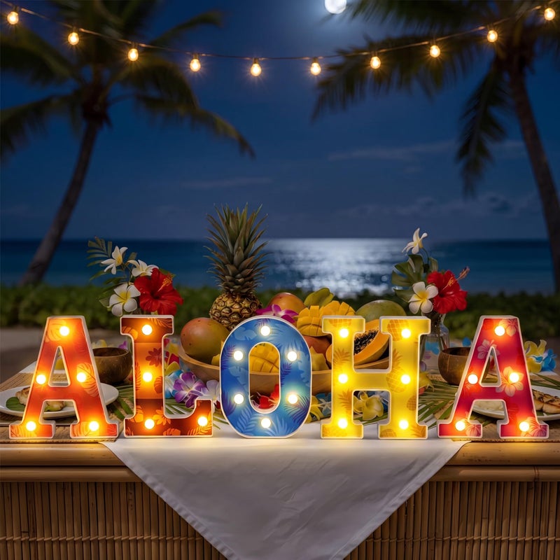 Grinsvalley Hawaiian Luau Party Decorations Aloha Light up Sign Summer Aloha LED Marquee Letter for Party Decorations Hibiscus Tropical Alphabet Letter Summer LED Lights for Wedding Night Birthday - Image 2