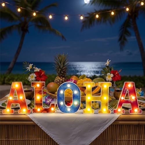 Grinsvalley Hawaiian Luau Party Decorations Aloha Light up Sign Summer Aloha LED Marquee Letter for Party Decorations Hibiscus Tropical Alphabet Letter Summer LED Lights for Wedding Night Birthday - Image 1