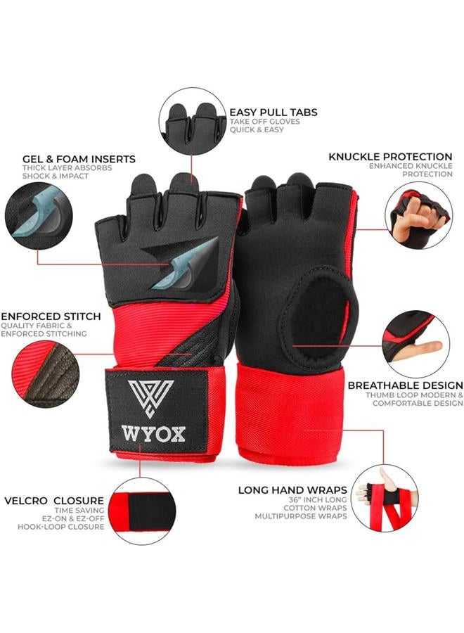 WYOX Gel Boxing Hand Wraps Inner Gloves for Men and Women, Quick 80cm Long Wrist Straps, Elasticated Padded Boxing Wraps for MMA, Kickboxing, Martial Arts Training Bandages (Red, SM) - Image 2