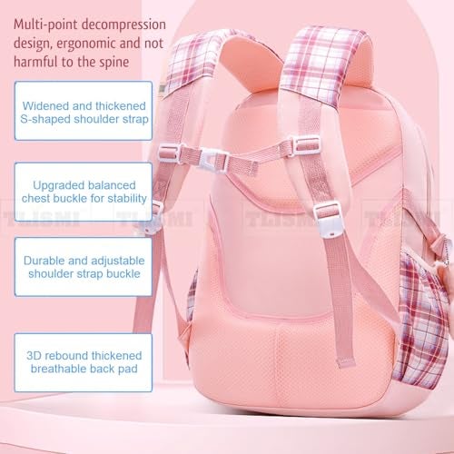 TLISMI Stylish Plaid Design Kawaii Solid Color Girls Backpack with Plush Bunny Keychain Lightweight Water-Resistant School Bag Large Capacity Bookbag for Middle & High School Students - Image 5