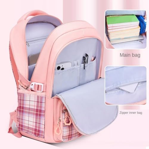 TLISMI Stylish Plaid Design Kawaii Solid Color Girls Backpack with Plush Bunny Keychain Lightweight Water-Resistant School Bag Large Capacity Bookbag for Middle & High School Students - Image 4