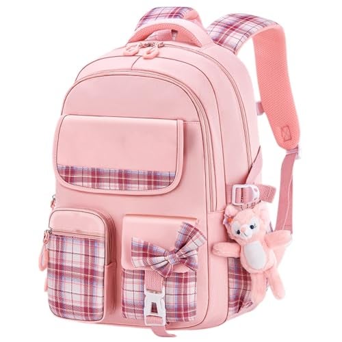 TLISMI Stylish Plaid Design Kawaii Solid Color Girls Backpack with Plush Bunny Keychain Lightweight Water-Resistant School Bag Large Capacity Bookbag for Middle & High School Students - Image 1