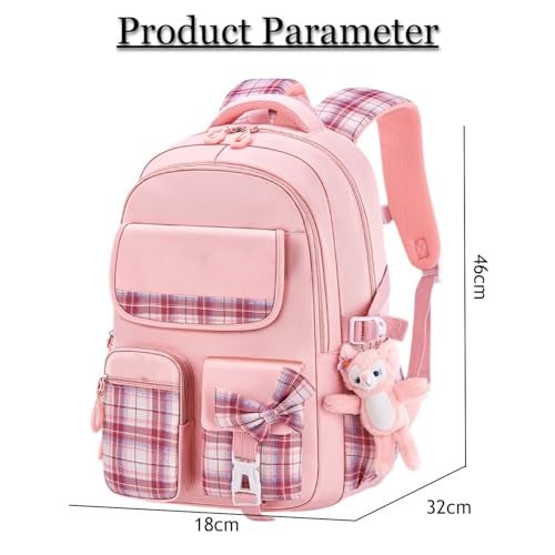 TLISMI Stylish Plaid Design Kawaii Solid Color Girls Backpack with Plush Bunny Keychain Lightweight Water-Resistant School Bag Large Capacity Bookbag for Middle & High School Students - Image 3