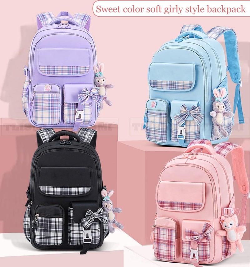TLISMI Stylish Plaid Design Kawaii Solid Color Girls Backpack with Plush Bunny Keychain Lightweight Water-Resistant School Bag Large Capacity Bookbag for Middle & High School Students - Image 2