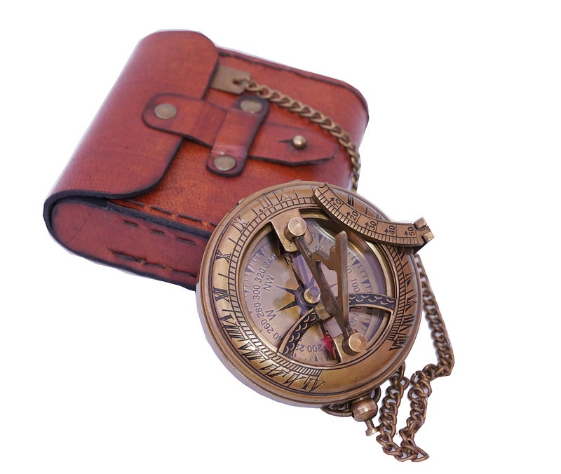 BAZROSS Handcrafted Vintage Brass Sundial Compass â€“ Antique Nautical Sun Clock with Leather Case â€“ Engraved Collectible Brass Compass Gift for Men - Nautical Gifts for Men, Best Anniversary Vintage Gifts - Image 1