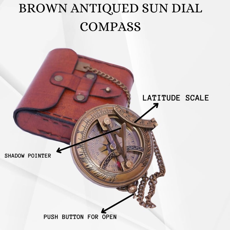 BAZROSS Handcrafted Vintage Brass Sundial Compass â€“ Antique Nautical Sun Clock with Leather Case â€“ Engraved Collectible Brass Compass Gift for Men - Nautical Gifts for Men, Best Anniversary Vintage Gifts - Image 3