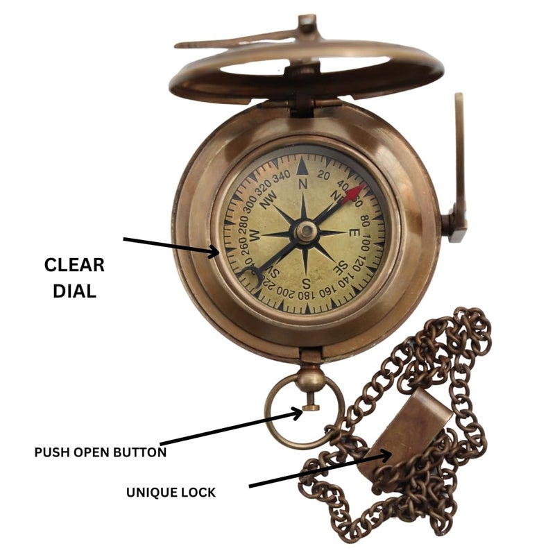BAZROSS Handcrafted Vintage Brass Sundial Compass â€“ Antique Nautical Sun Clock with Leather Case â€“ Engraved Collectible Brass Compass Gift for Men - Nautical Gifts for Men, Best Anniversary Vintage Gifts - Image 2