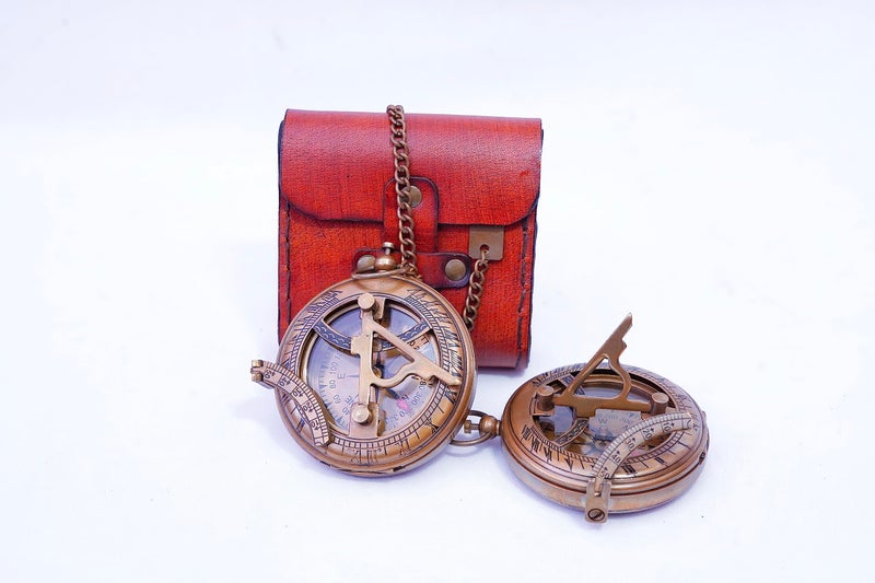 BAZROSS Handcrafted Vintage Brass Sundial Compass â€“ Antique Nautical Sun Clock with Leather Case â€“ Engraved Collectible Brass Compass Gift for Men - Nautical Gifts for Men, Best Anniversary Vintage Gifts - Image 4