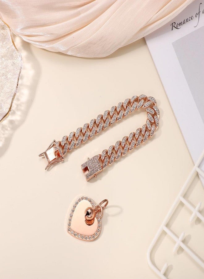 PEUTIER 7.87 Inch Dog Chain Collar, Rose Gold Diamond Collar Necklace with Heart Shape Dog Tag Rhinestones Heart Bling Dog Collar Pet ID Tag Chain for Small Medium Large Dogs Cats - Image 4