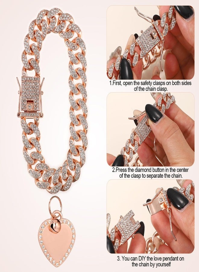 PEUTIER 7.87 Inch Dog Chain Collar, Rose Gold Diamond Collar Necklace with Heart Shape Dog Tag Rhinestones Heart Bling Dog Collar Pet ID Tag Chain for Small Medium Large Dogs Cats - Image 5