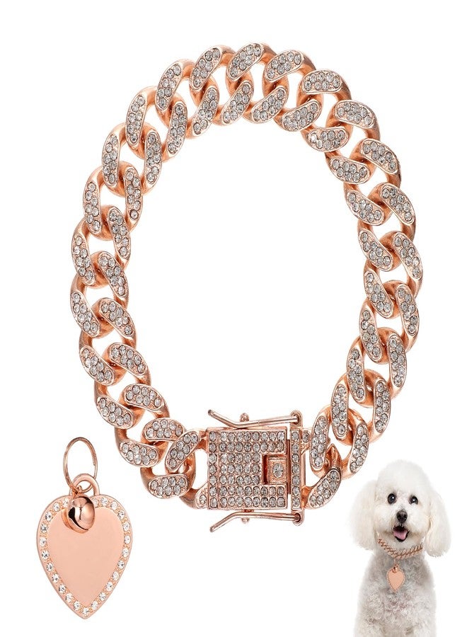 PEUTIER 7.87 Inch Dog Chain Collar, Rose Gold Diamond Collar Necklace with Heart Shape Dog Tag Rhinestones Heart Bling Dog Collar Pet ID Tag Chain for Small Medium Large Dogs Cats - Image 1