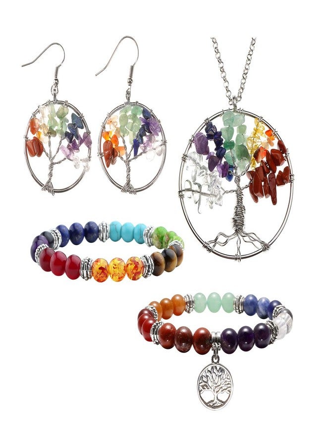 Jovivi 7 Chakra Tree Life Tumbled Gemstone Healing Crystals Necklace & Earrings & Chakra Bracelet Sets, Mothers Day Gifts - Image 1