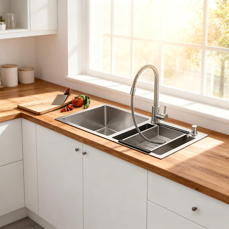 DuyviSteil Modern Kitchen Sink Nano-Coated 30.7x16.9 Inch Stainless Steel Kitchen Sink, Drop in & Topmount Double Bowl Sinks with Drainage Pipes and Fruit Baskets - Image 2