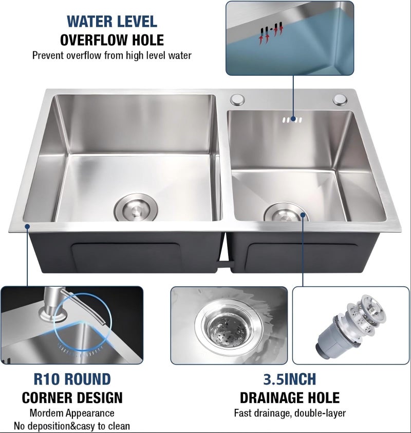 DuyviSteil Modern Kitchen Sink Nano-Coated 30.7x16.9 Inch Stainless Steel Kitchen Sink, Drop in & Topmount Double Bowl Sinks with Drainage Pipes and Fruit Baskets - Image 3